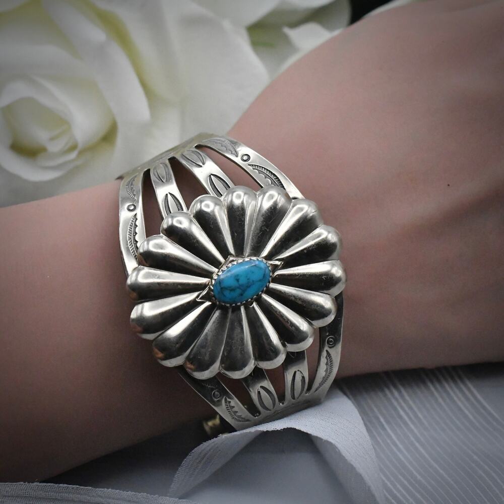 Vintage Bell Trading Post Nickel Silver Turquoise Cuff Bracelet Size 7 - Picture 10 of 11